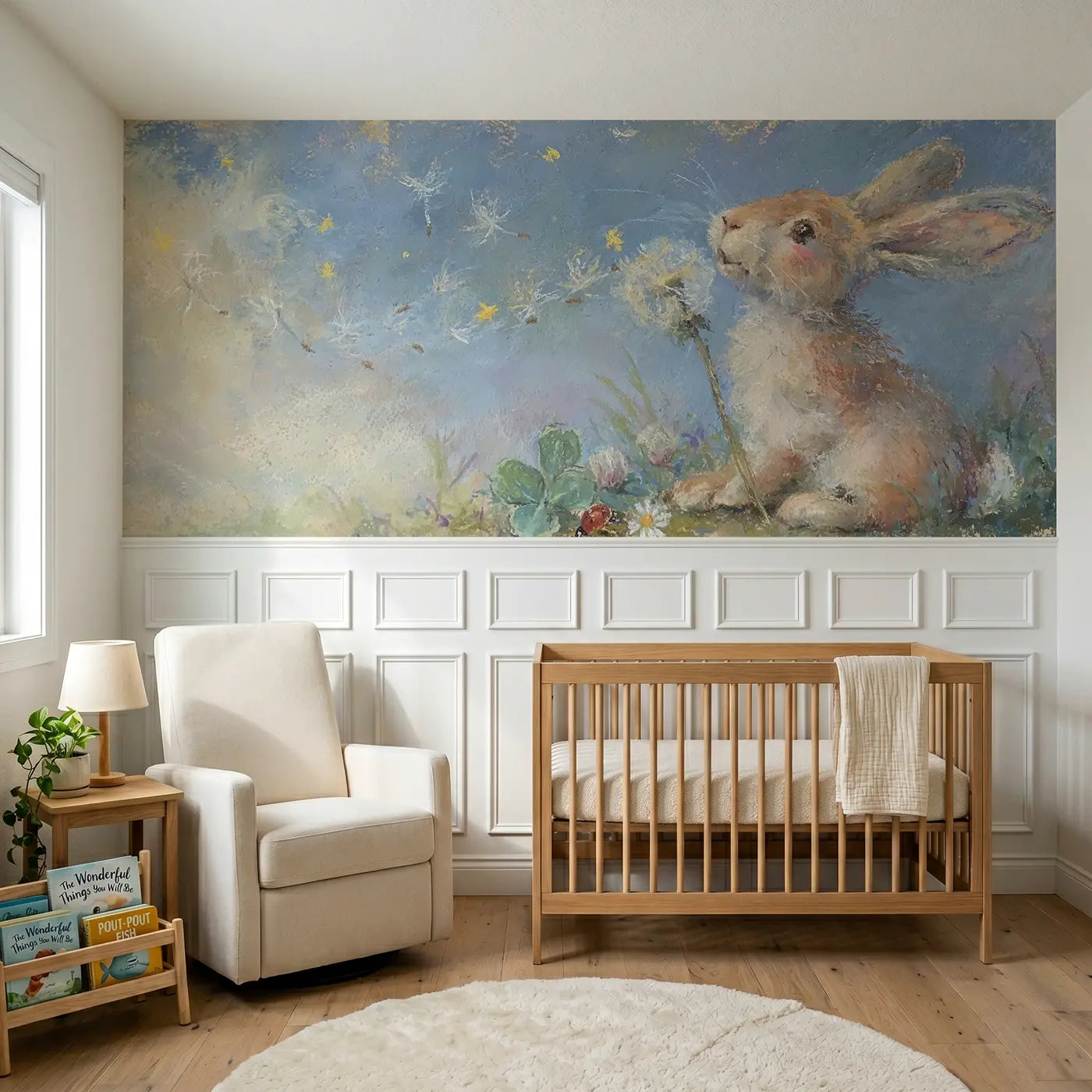 Soft Pastel bunny dandelion breeze wainscoting wallpaper for nursery by Whimsy Tots