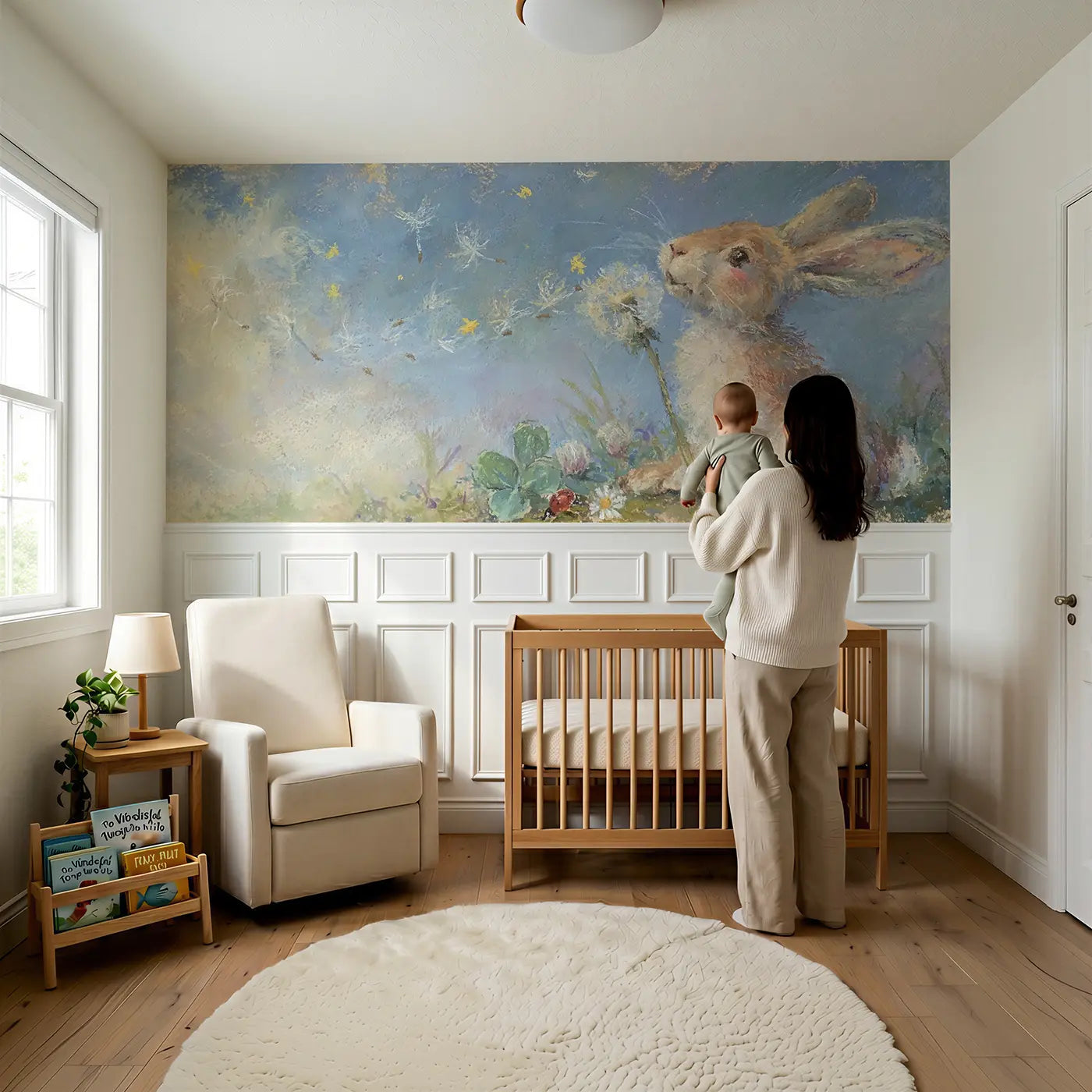 Child reading near Bunny Dandelion Breeze Wainscoting Wallpaper by Whimsy Tots