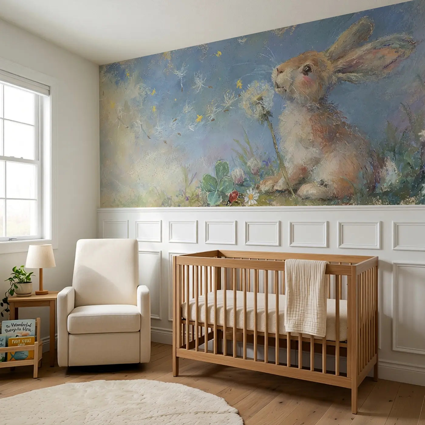 Bunny Dandelion Breeze Wainscoting Wallpaper styled in a kids bedroom by Whimsy Tots