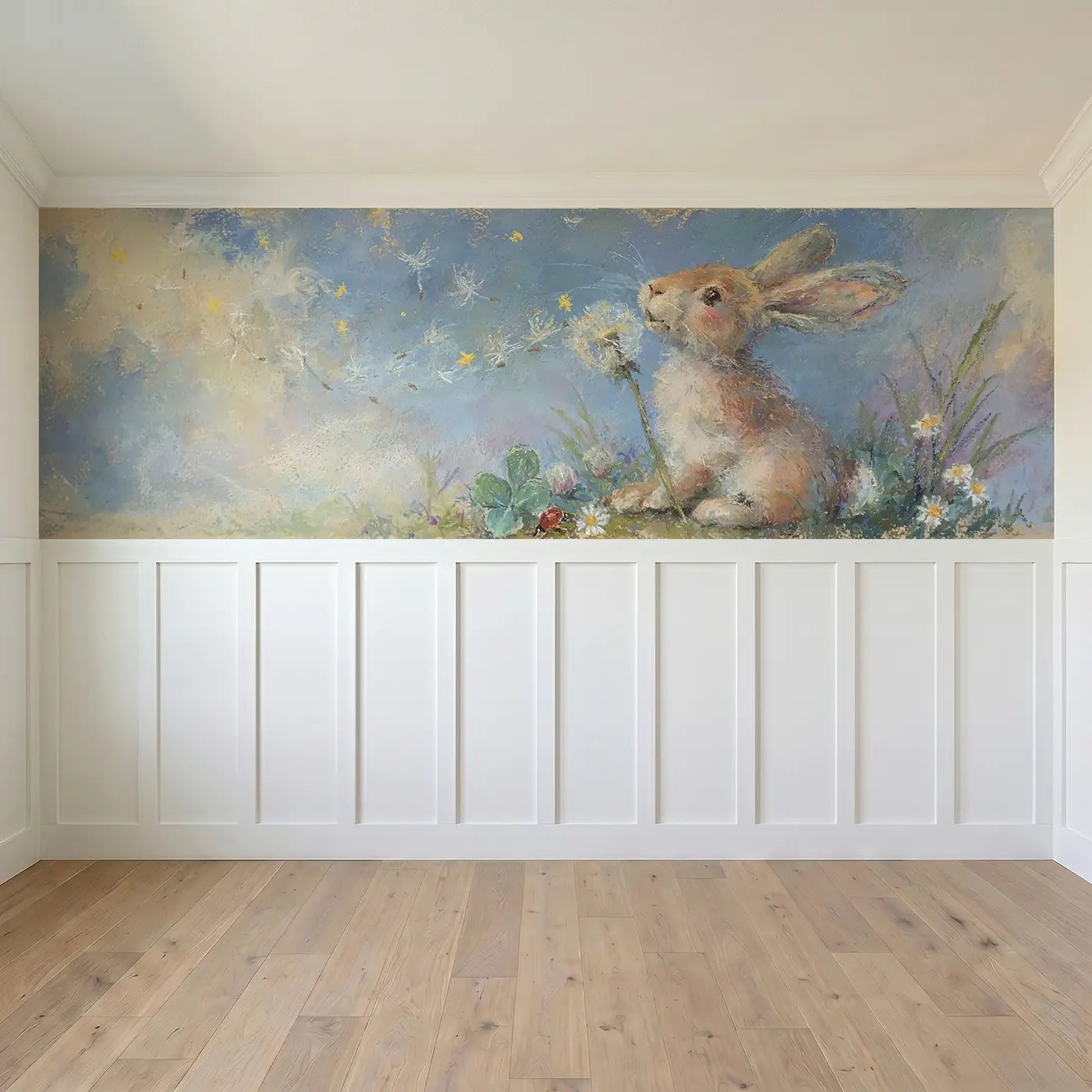 Full panel view of Bunny Dandelion Breeze Wainscoting Wallpaper by Whimsy Tots