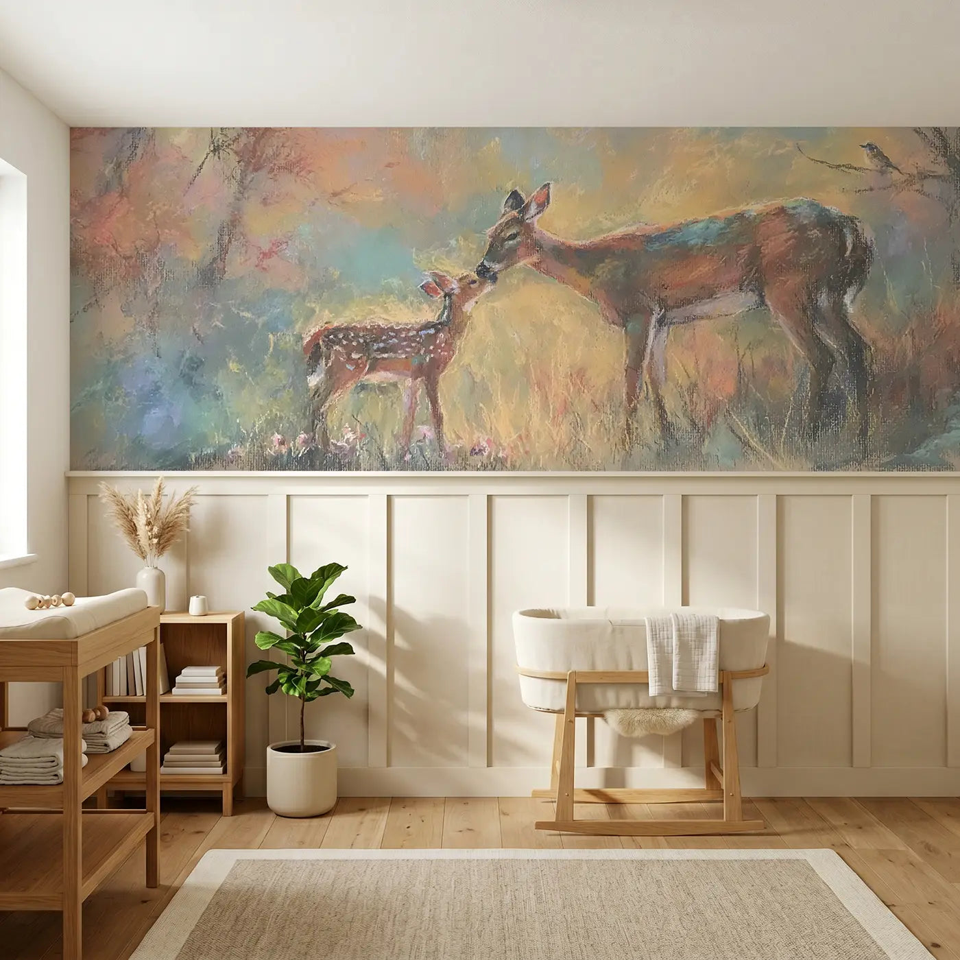 Soft Pastel deer mother fawn golden light wainscoting wallpaper for nursery by Whimsy Tots
