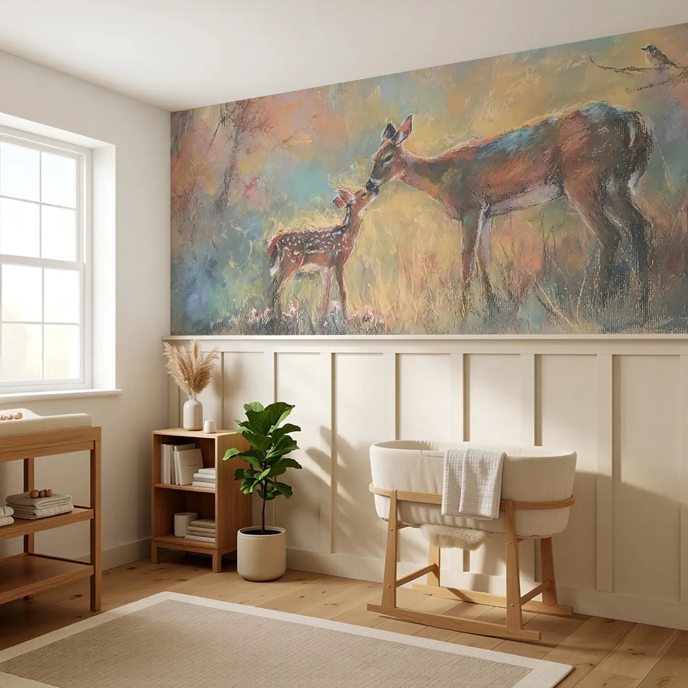 Deer Mother Fawn Golden Light Wainscoting Wallpaper styled in a kids bedroom by Whimsy Tots