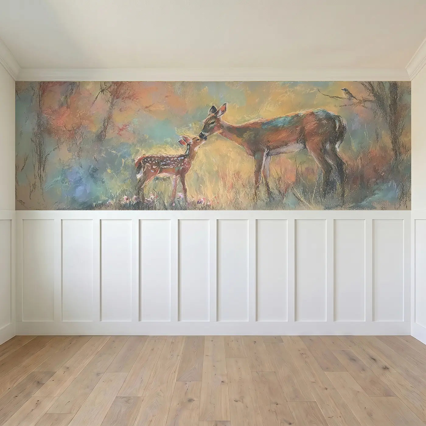 Full panel view of Deer Mother Fawn Golden Light Wainscoting Wallpaper by Whimsy Tots