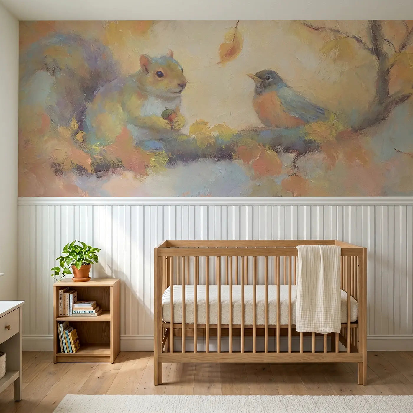 Soft Pastel squirrel robin autumn wainscoting wallpaper for nursery by Whimsy Tots