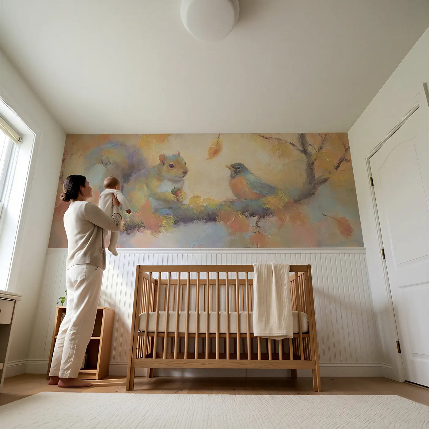 Child reading near Squirrel Robin Autumn Soft Wainscoting Wallpaper by Whimsy Tots