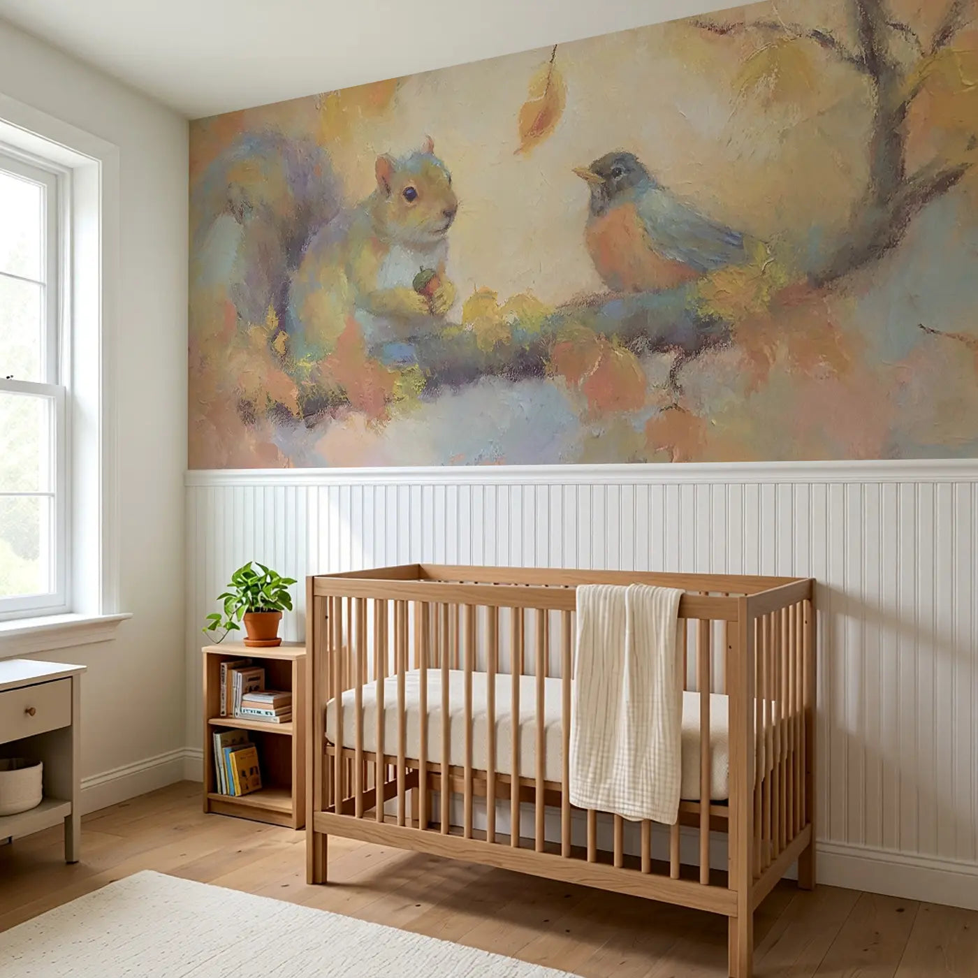 Squirrel Robin Autumn Soft Wainscoting Wallpaper styled in a kids bedroom by Whimsy Tots