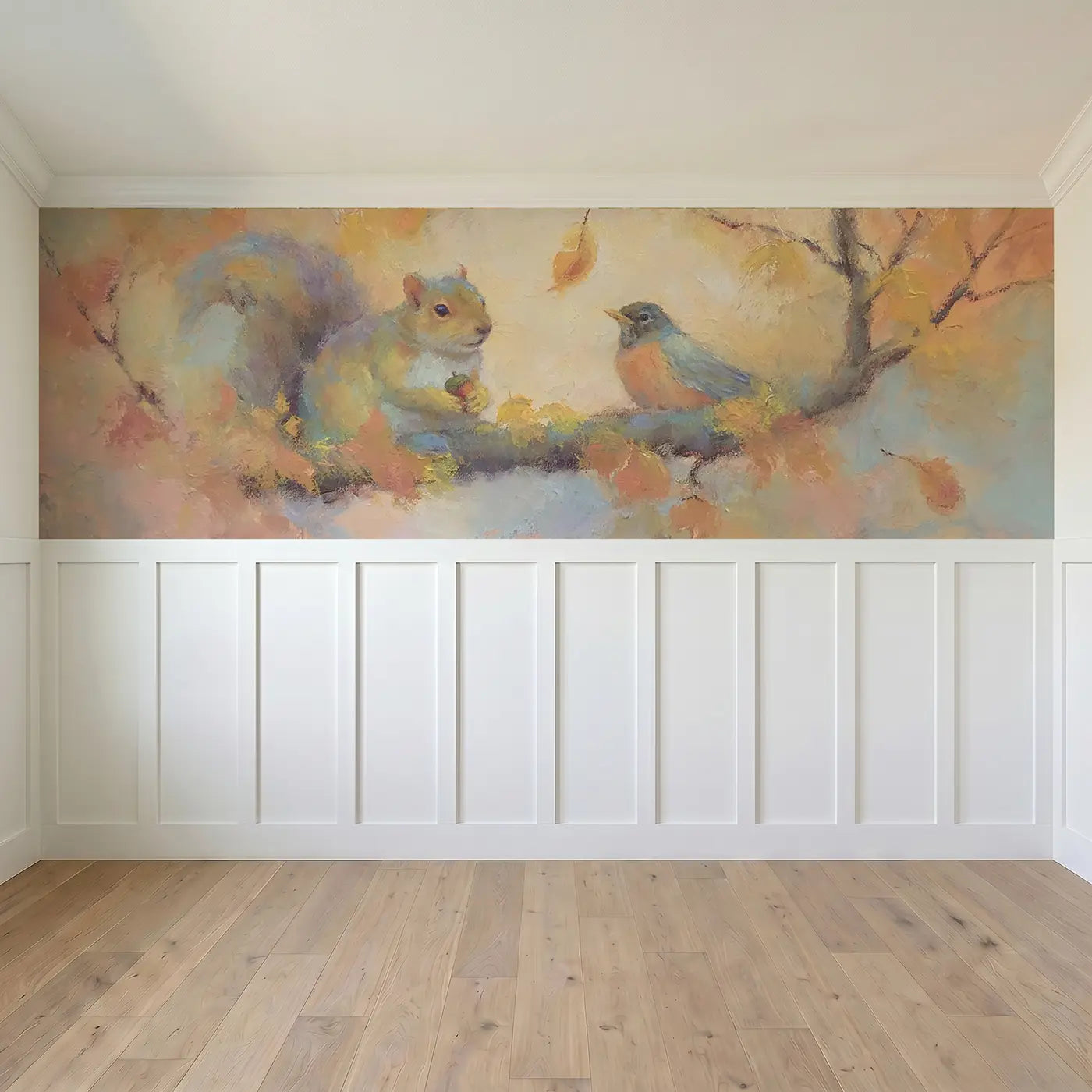 Full panel view of Squirrel Robin Autumn Soft Wainscoting Wallpaper by Whimsy Tots