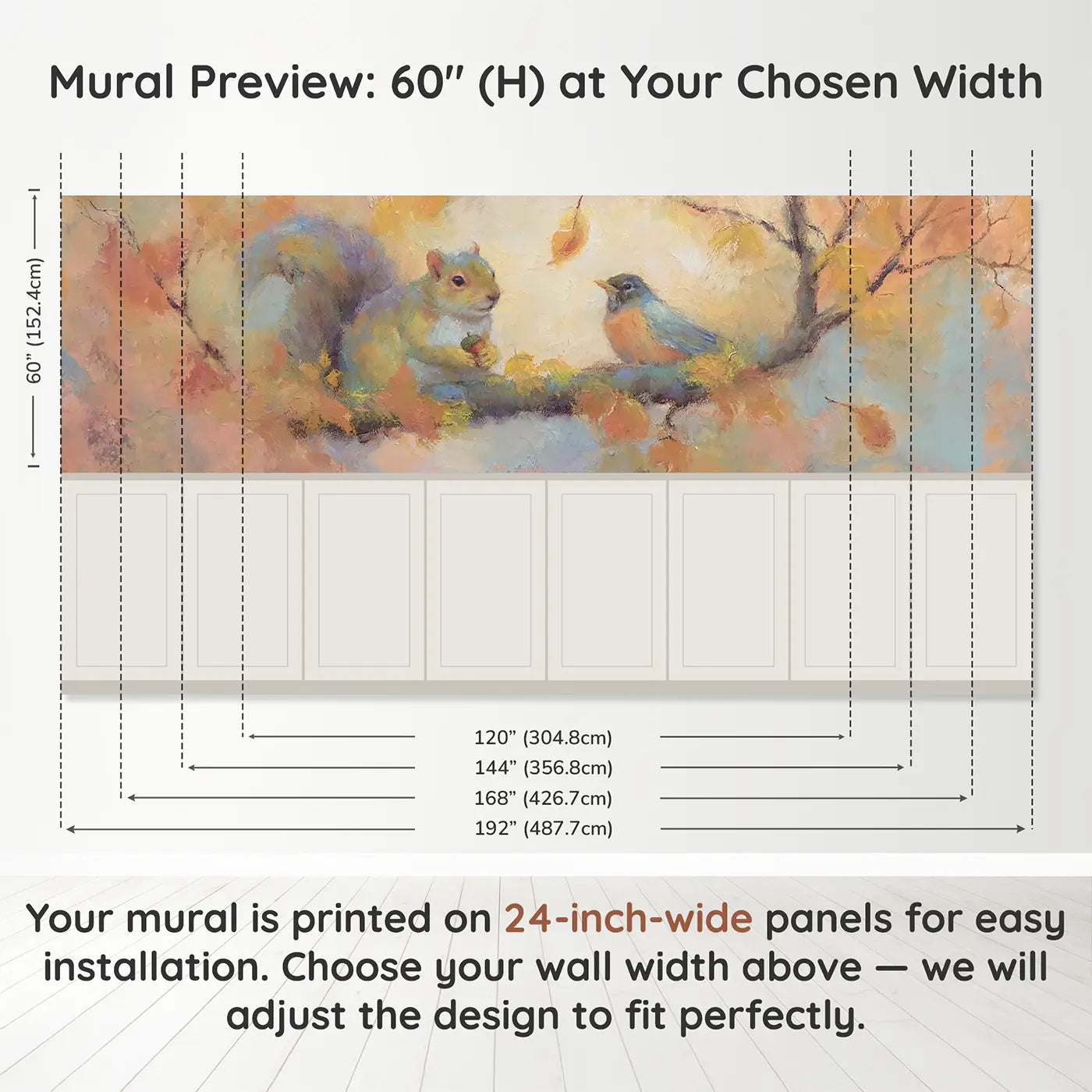 Panel dimensions for Squirrel Robin Autumn Soft Wainscoting Wallpaper by Whimsy Tots