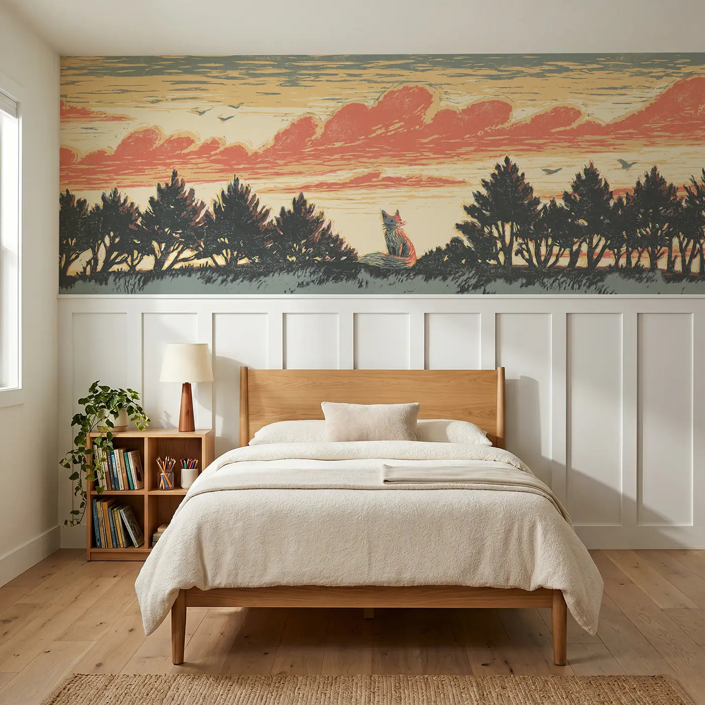 Block Print bold treeline fox sunset wainscoting wallpaper for bedroom by Whimsy Tots