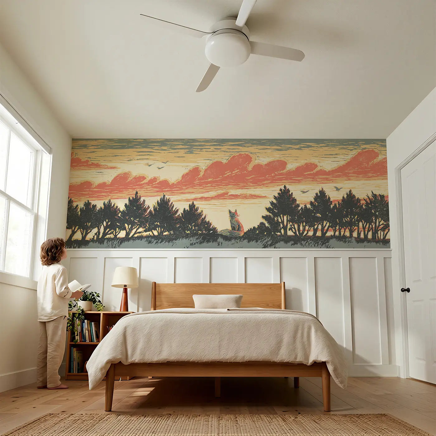 Child reading near Bold Treeline Fox Sunset Wainscoting Wallpaper by Whimsy Tots