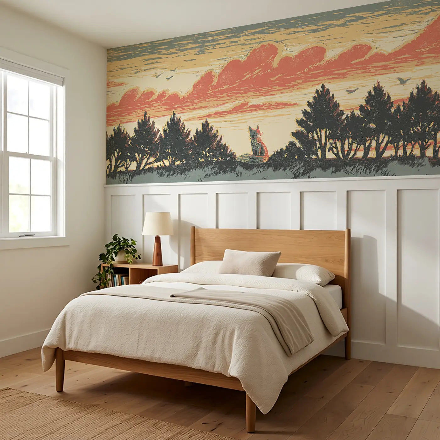 Bold Treeline Fox Sunset Wainscoting Wallpaper styled in a kids bedroom by Whimsy Tots