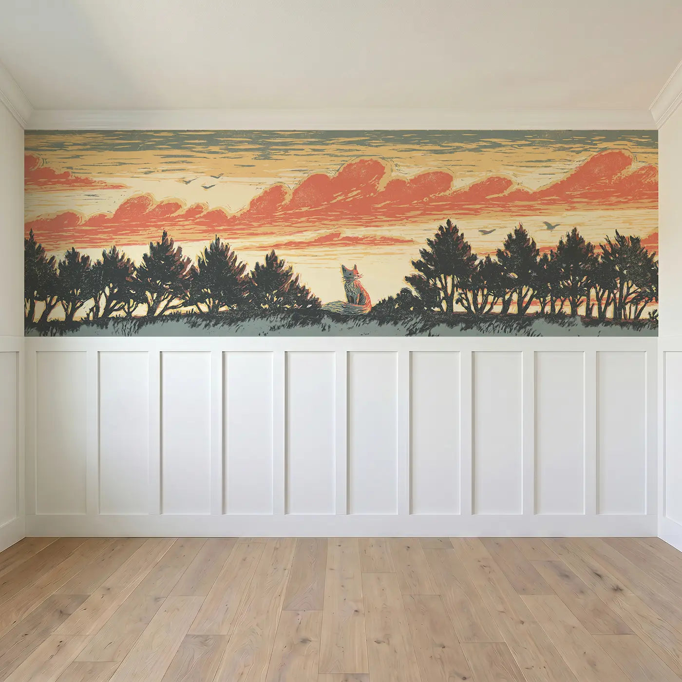Full panel view of Bold Treeline Fox Sunset Wainscoting Wallpaper by Whimsy Tots