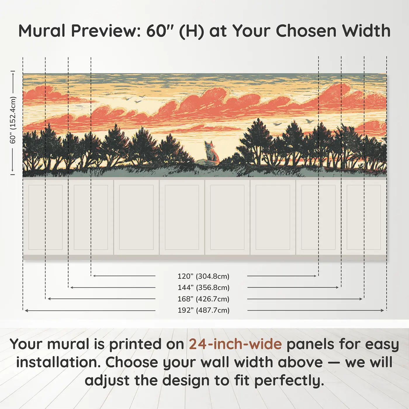 Panel dimensions for Bold Treeline Fox Sunset Wainscoting Wallpaper by Whimsy Tots