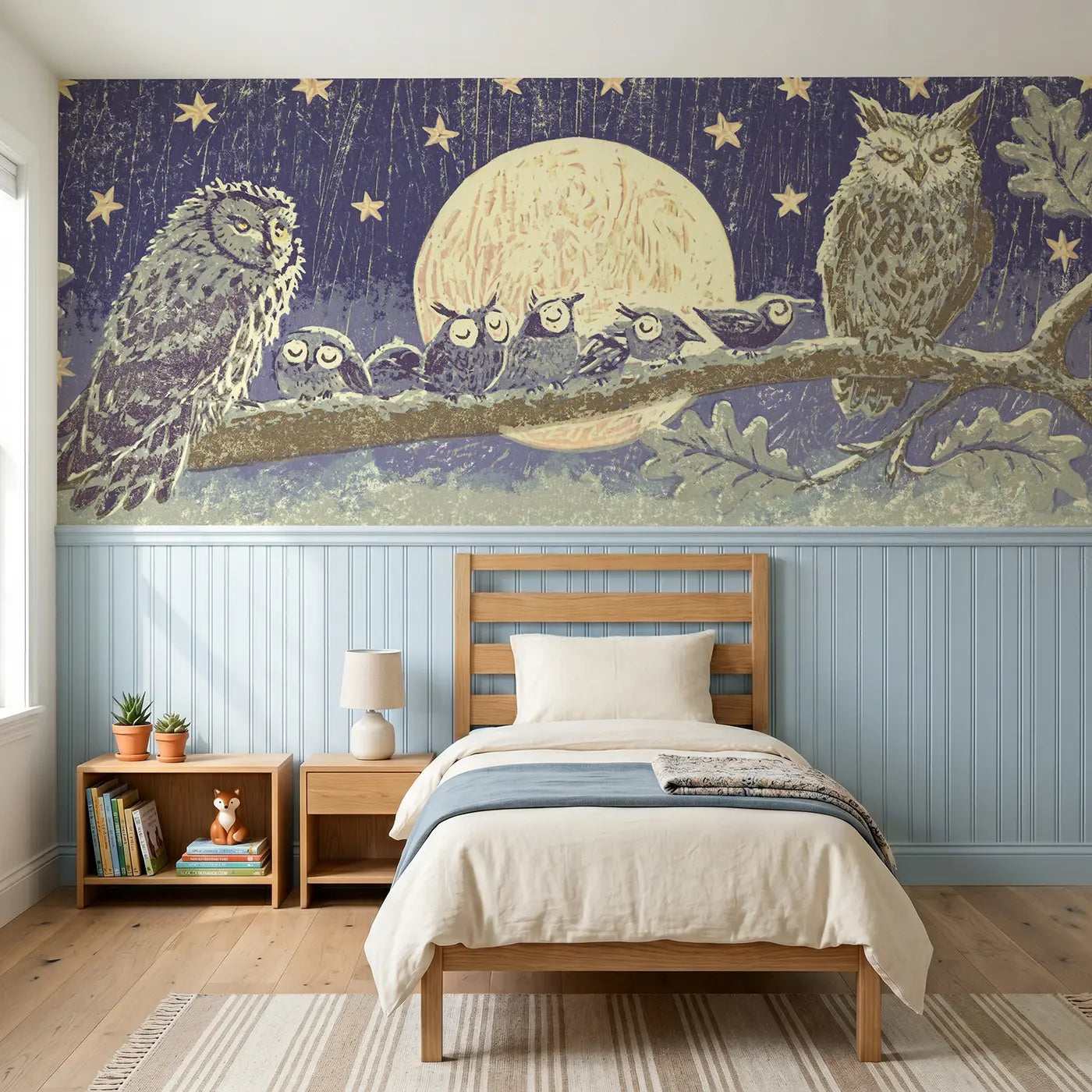 Block Print carved owl moon folk art wainscoting wallpaper for nursery by Whimsy Tots