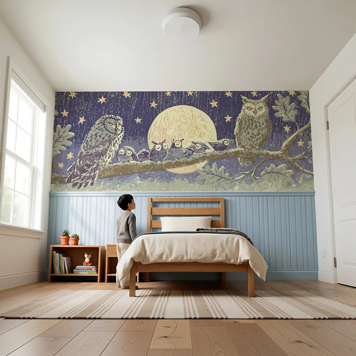 Child reading near Carved Owl Moon Folk Art Wainscoting Wallpaper by Whimsy Tots
