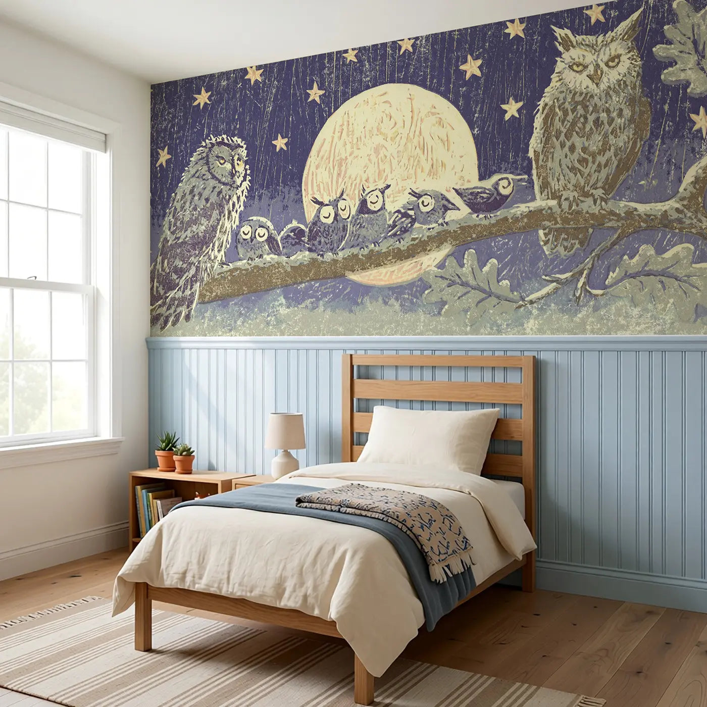 Carved Owl Moon Folk Art Wainscoting Wallpaper styled in a kids bedroom by Whimsy Tots