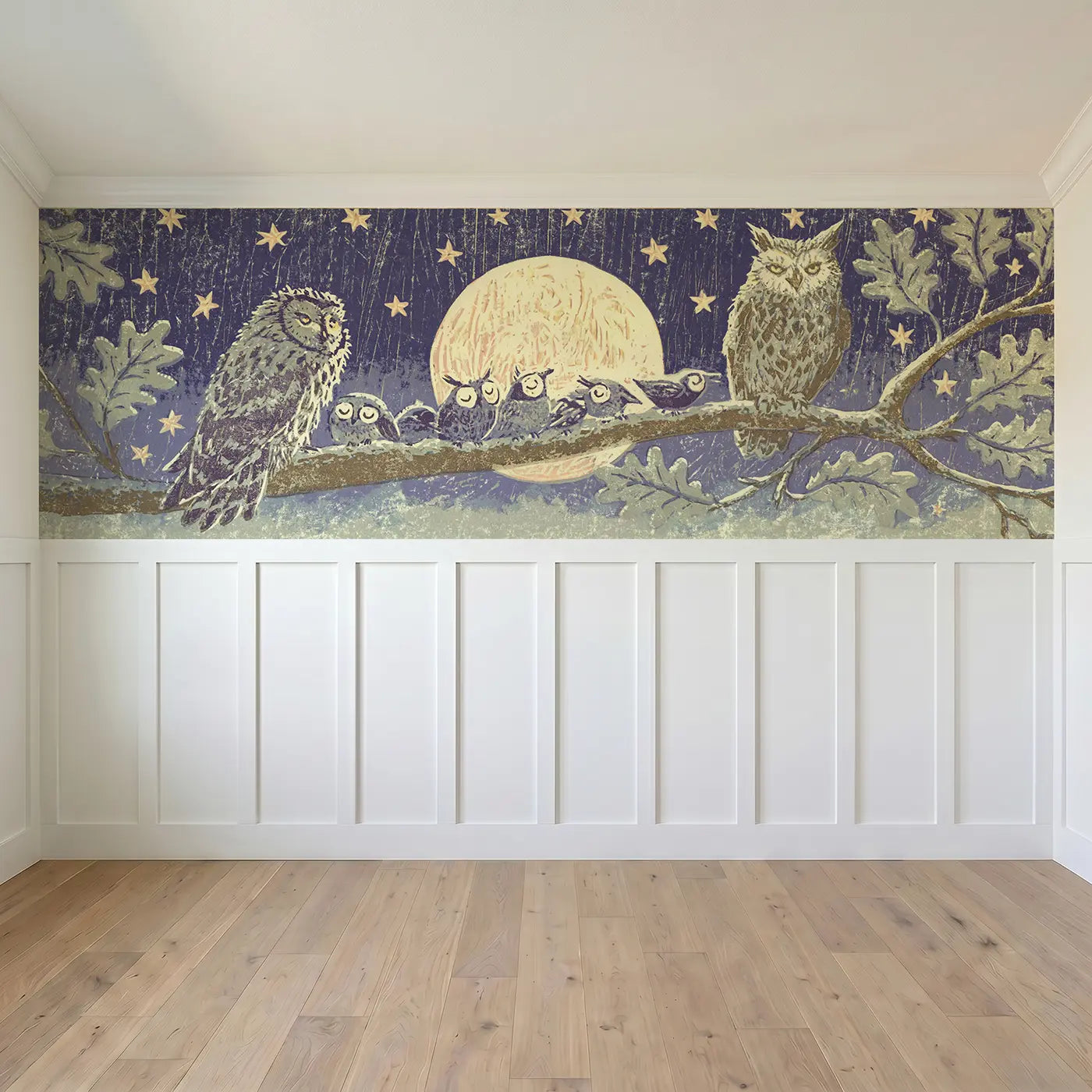 Full panel view of Carved Owl Moon Folk Art Wainscoting Wallpaper by Whimsy Tots