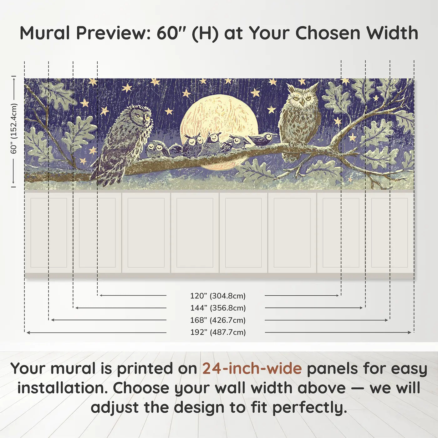 Panel dimensions for Carved Owl Moon Folk Art Wainscoting Wallpaper by Whimsy Tots