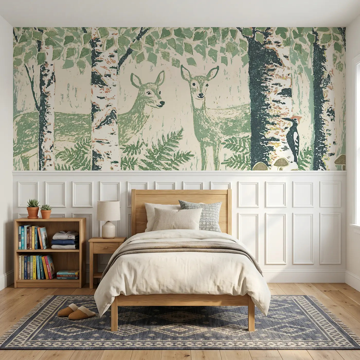 Block Print deer birch woodcut grove wainscoting wallpaper for bedroom by Whimsy Tots
