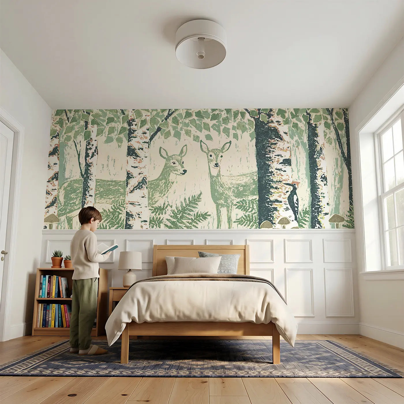 Child reading near Deer Birch Woodcut Grove Wainscoting Wallpaper by Whimsy Tots
