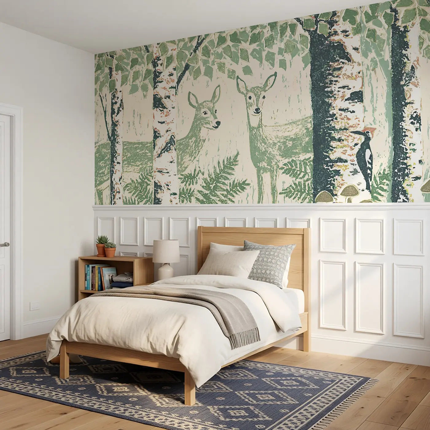 Deer Birch Woodcut Grove Wainscoting Wallpaper styled in a kids bedroom by Whimsy Tots