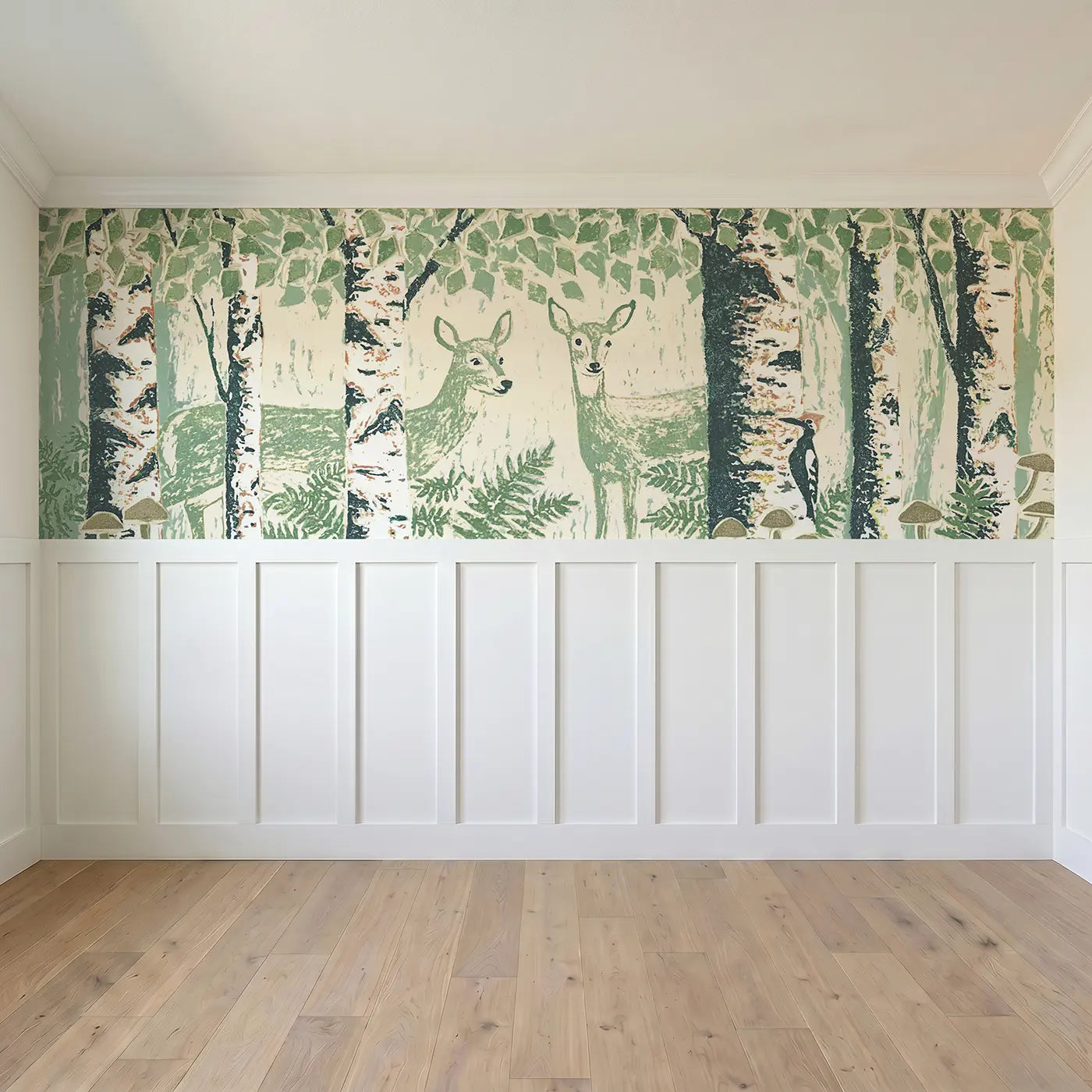Full panel view of Deer Birch Woodcut Grove Wainscoting Wallpaper by Whimsy Tots
