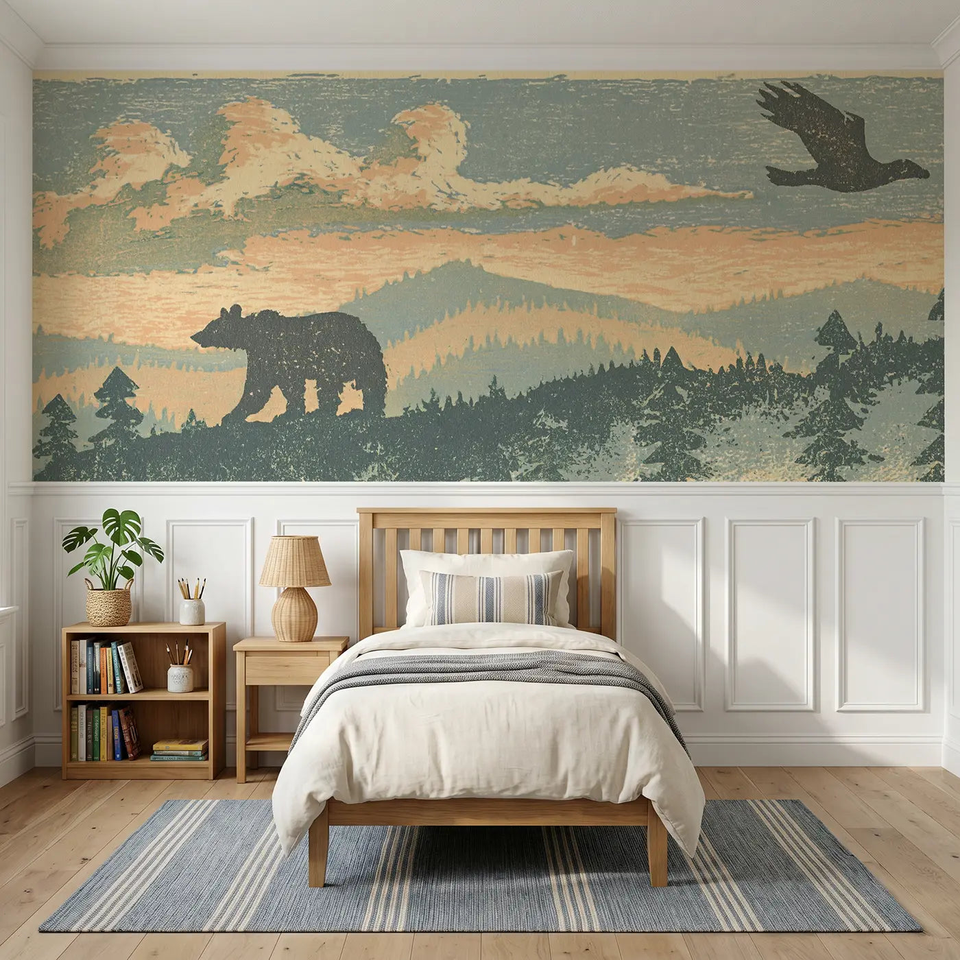 Block Print bear ridge carved mountain wainscoting wallpaper for bedroom by Whimsy Tots