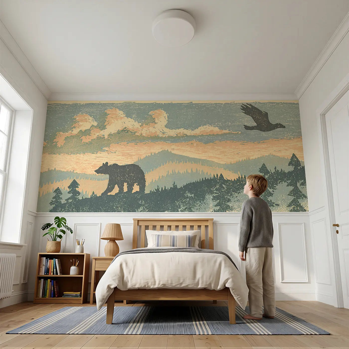 Child reading near Bear Ridge Carved Mountain Wainscoting Wallpaper by Whimsy Tots