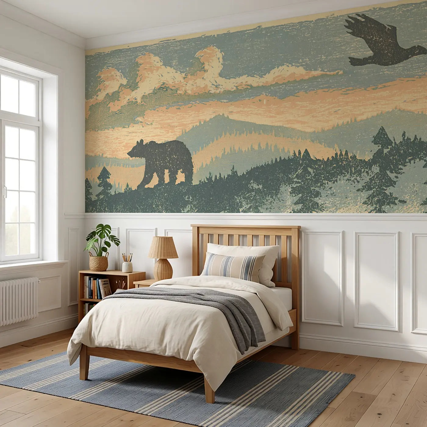 Bear Ridge Carved Mountain Wainscoting Wallpaper styled in a kids bedroom by Whimsy Tots