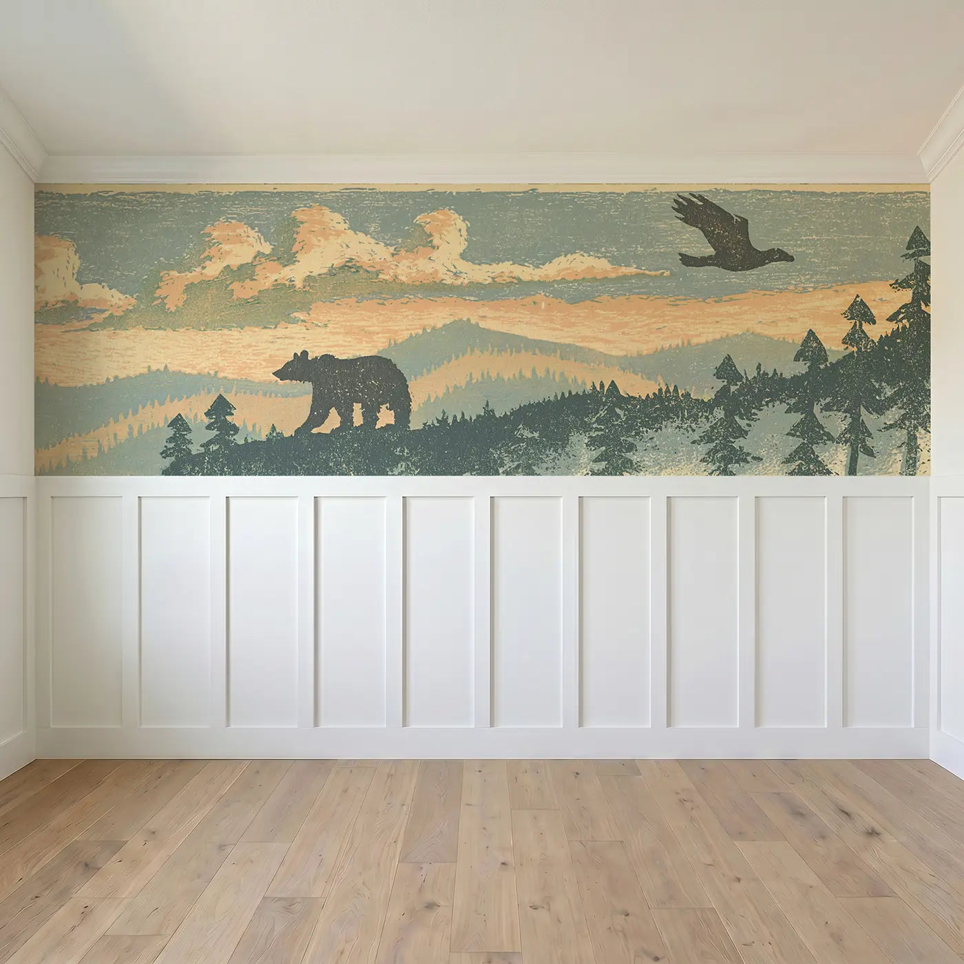Full panel view of Bear Ridge Carved Mountain Wainscoting Wallpaper by Whimsy Tots
