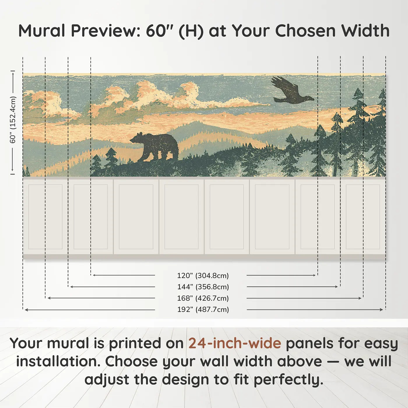 Panel dimensions for Bear Ridge Carved Mountain Wainscoting Wallpaper by Whimsy Tots