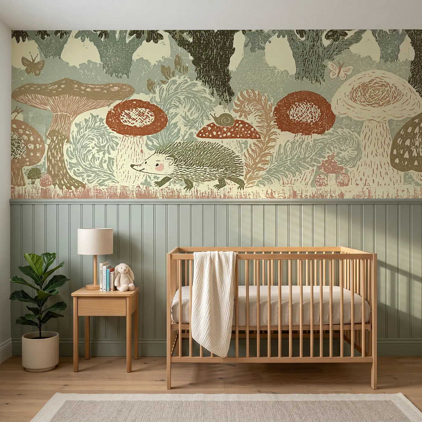 Block Print forest mushroom fern border wainscoting wallpaper for nursery by Whimsy Tots