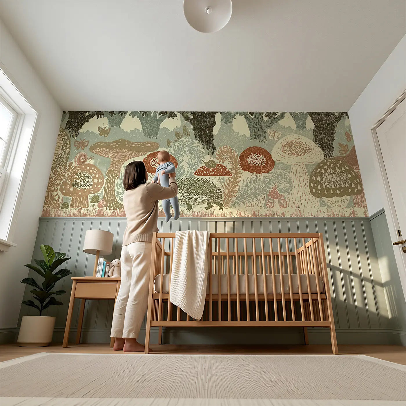 Child reading near Forest Mushroom Fern Border Wainscoting Wallpaper by Whimsy Tots