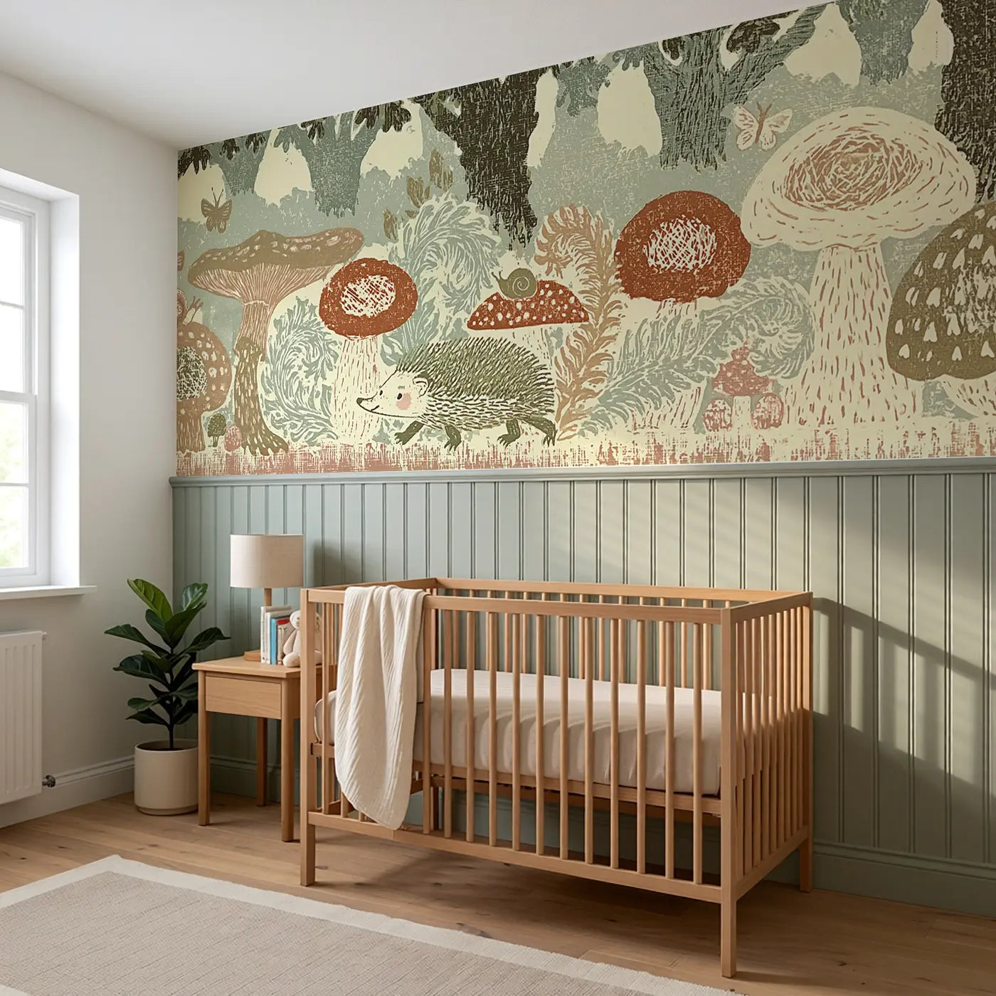 Forest Mushroom Fern Border Wainscoting Wallpaper styled in a kids bedroom by Whimsy Tots