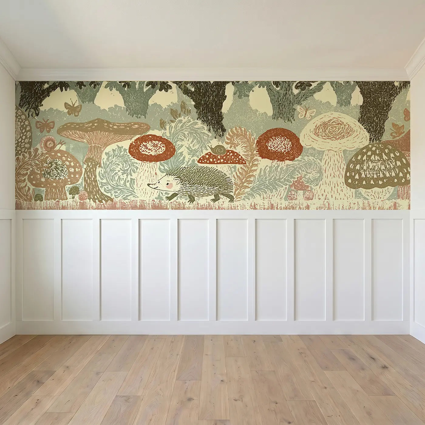 Full panel view of Forest Mushroom Fern Border Wainscoting Wallpaper by Whimsy Tots