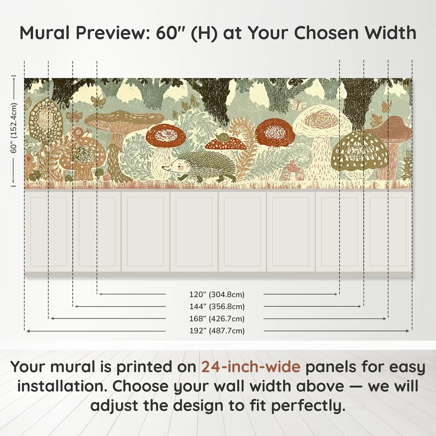 Panel dimensions for Forest Mushroom Fern Border Wainscoting Wallpaper by Whimsy Tots