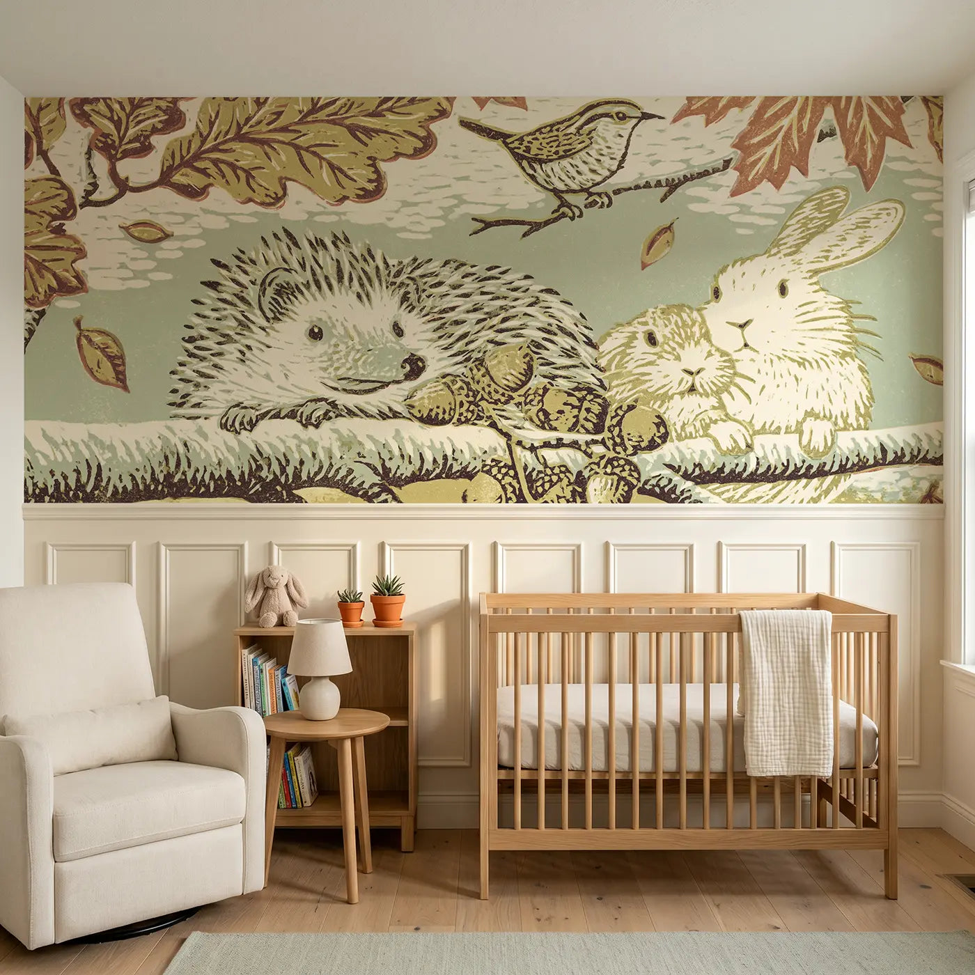 Block Print hedgehog rabbit leaf canopy wainscoting wallpaper for nursery by Whimsy Tots