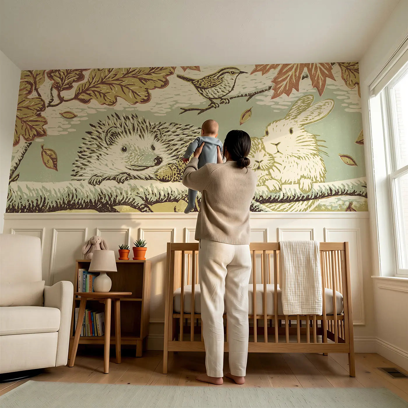 Child reading near Hedgehog Rabbit Leaf Canopy Wainscoting Wallpaper by Whimsy Tots