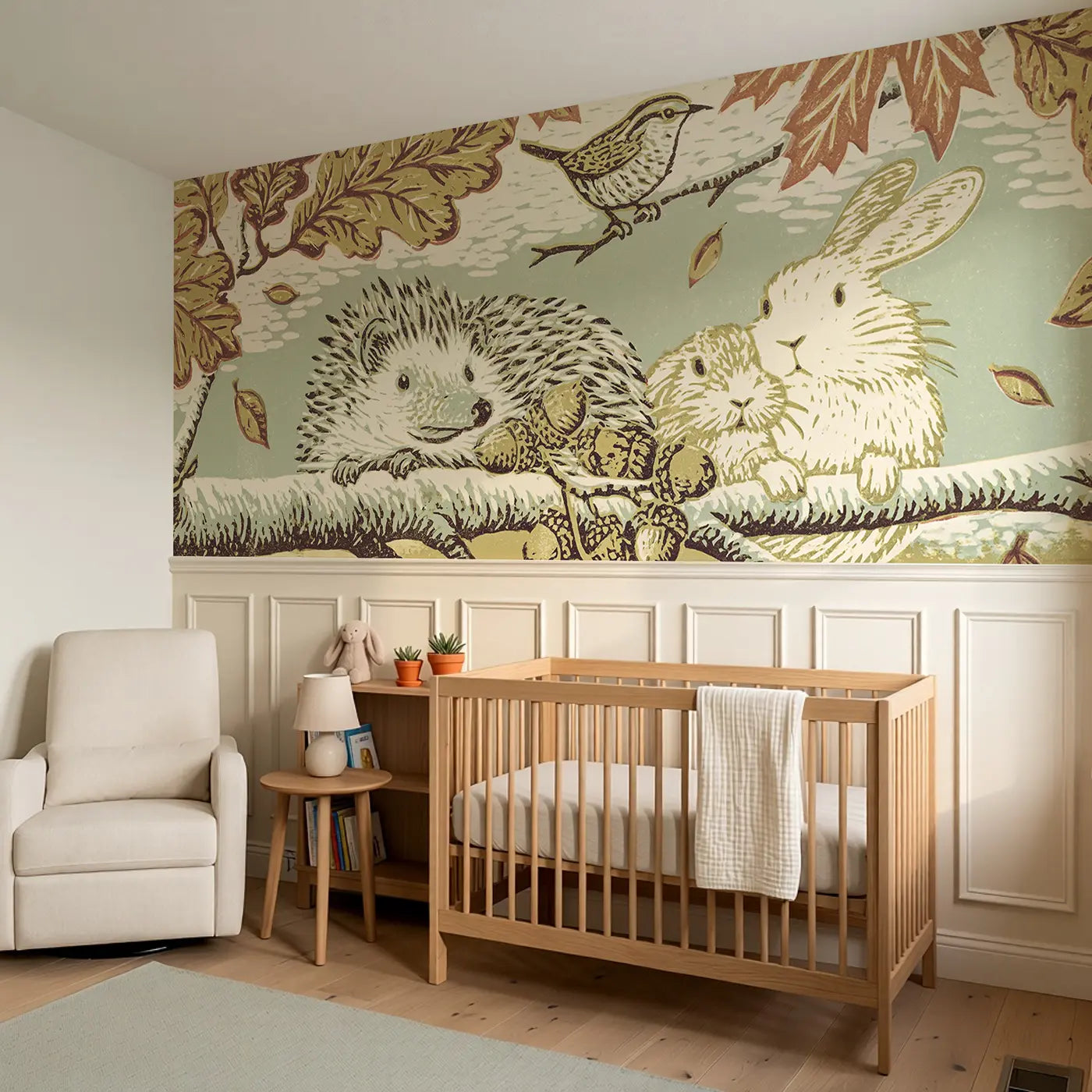Hedgehog Rabbit Leaf Canopy Wainscoting Wallpaper styled in a kids bedroom by Whimsy Tots
