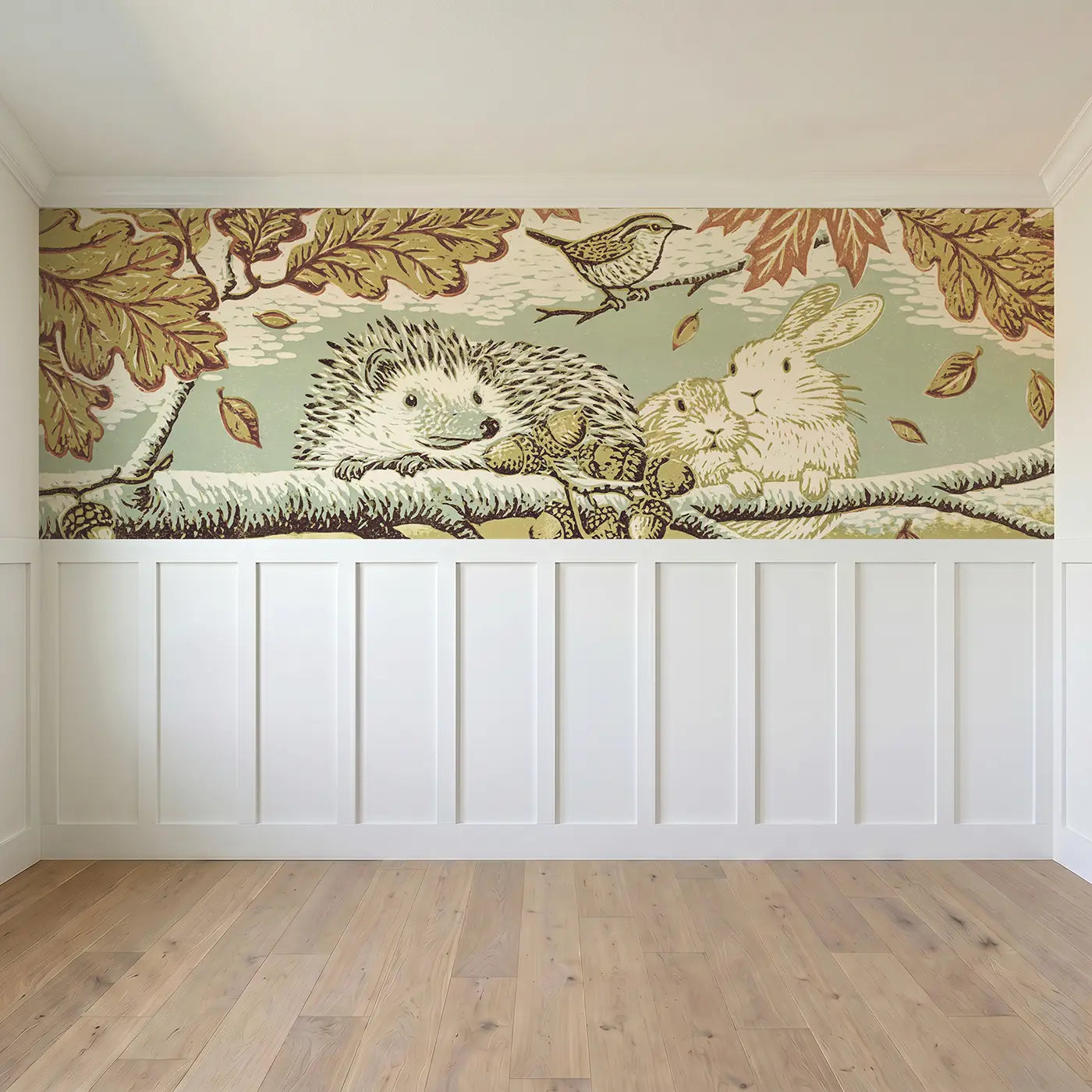 Full panel view of Hedgehog Rabbit Leaf Canopy Wainscoting Wallpaper by Whimsy Tots