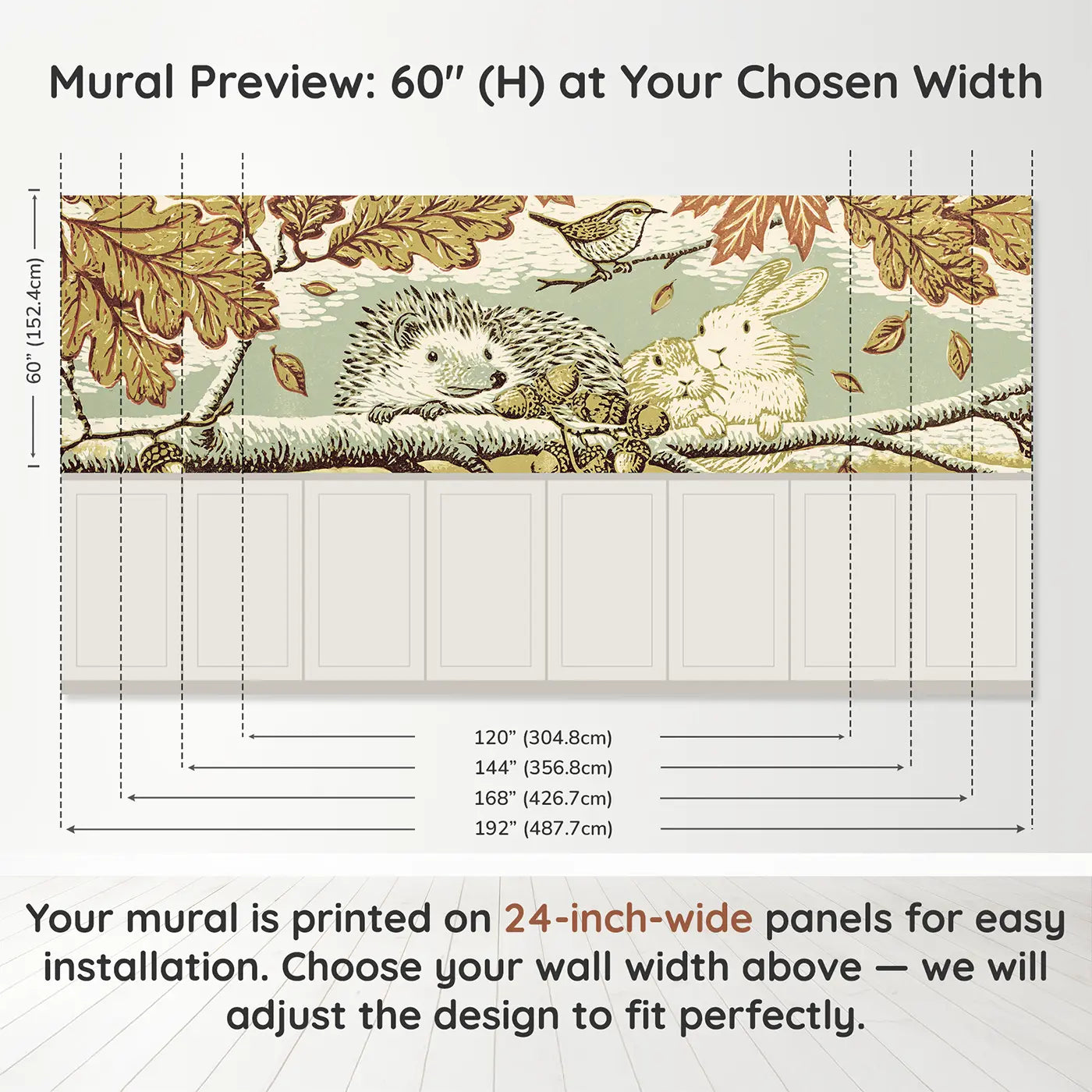 Panel dimensions for Hedgehog Rabbit Leaf Canopy Wainscoting Wallpaper by Whimsy Tots