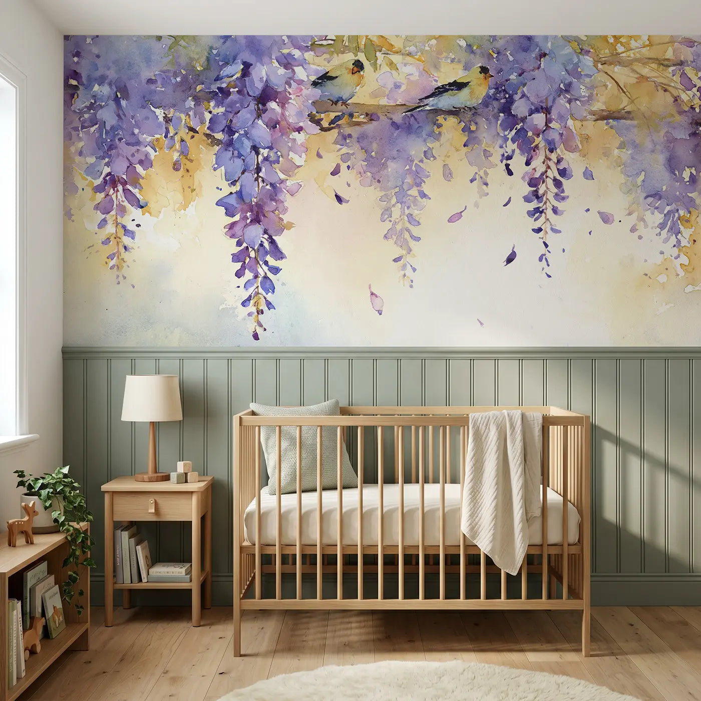 Watercolor wisteria cascade morning wainscoting wallpaper for nursery by Whimsy Tots