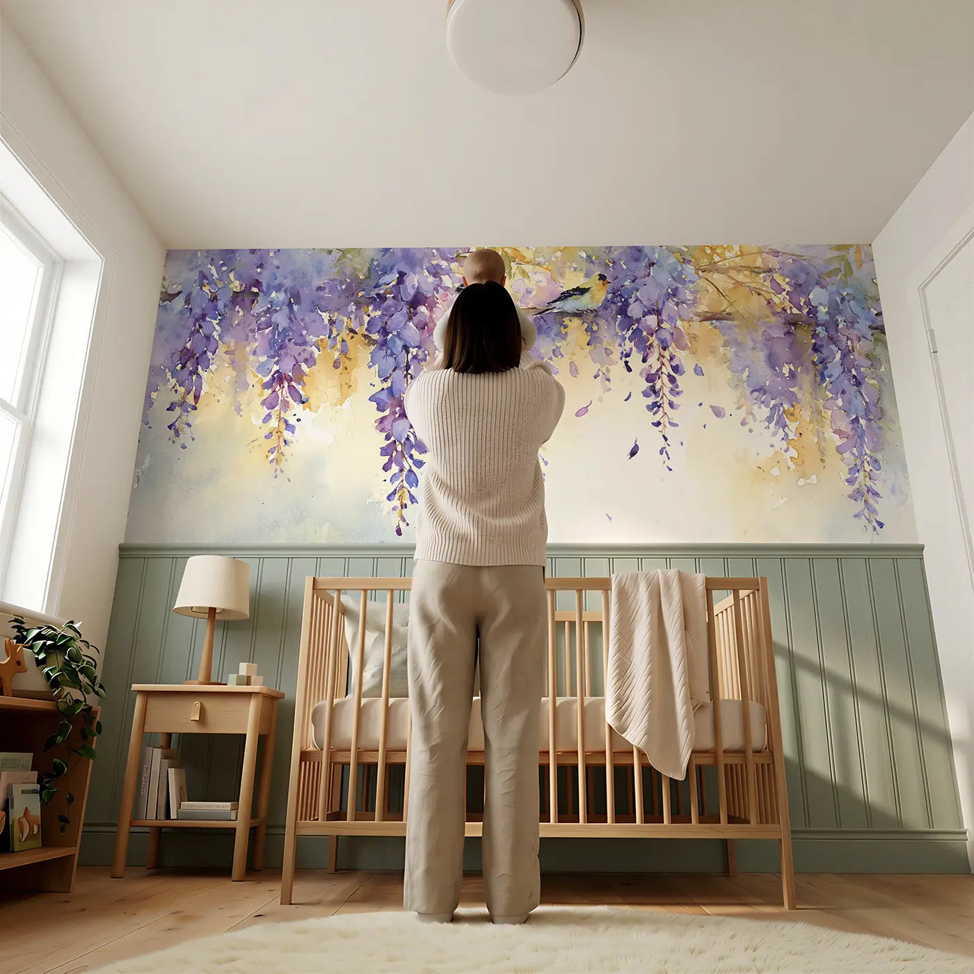 Child reading near Wisteria Cascade Morning Wainscoting Wallpaper by Whimsy Tots
