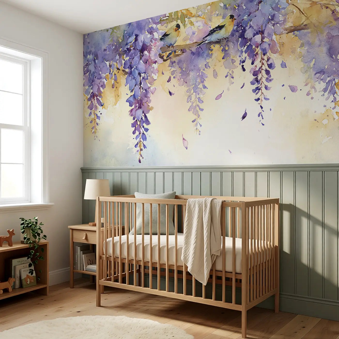 Wisteria Cascade Morning Wainscoting Wallpaper styled in a kids bedroom by Whimsy Tots