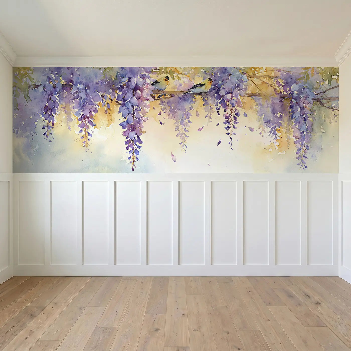Full panel view of Wisteria Cascade Morning Wainscoting Wallpaper by Whimsy Tots