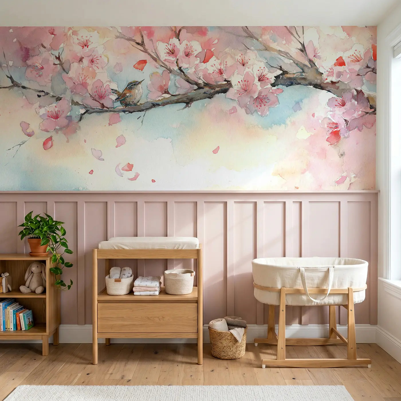 Watercolor cherry blossom petal drift wainscoting wallpaper for nursery by Whimsy Tots