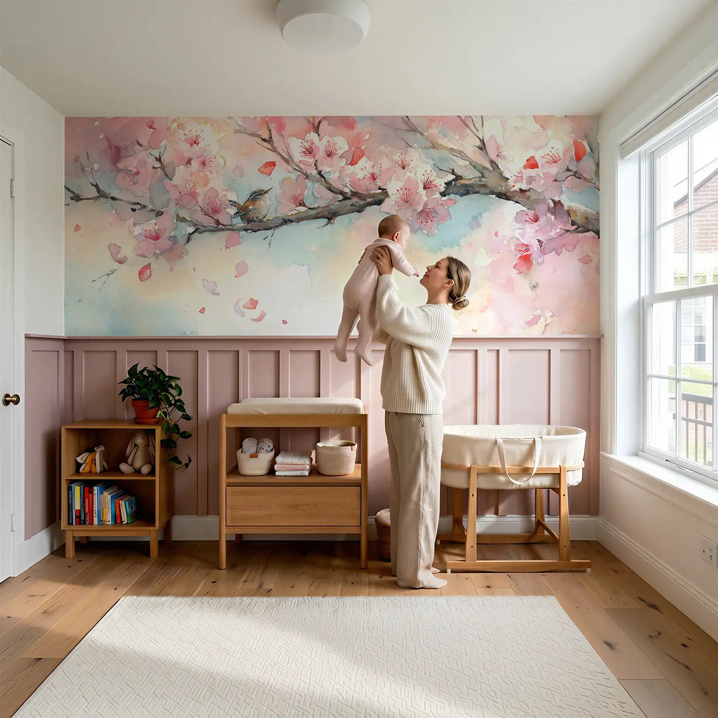 Child reading near Cherry Blossom Petal Drift Wainscoting Wallpaper by Whimsy Tots