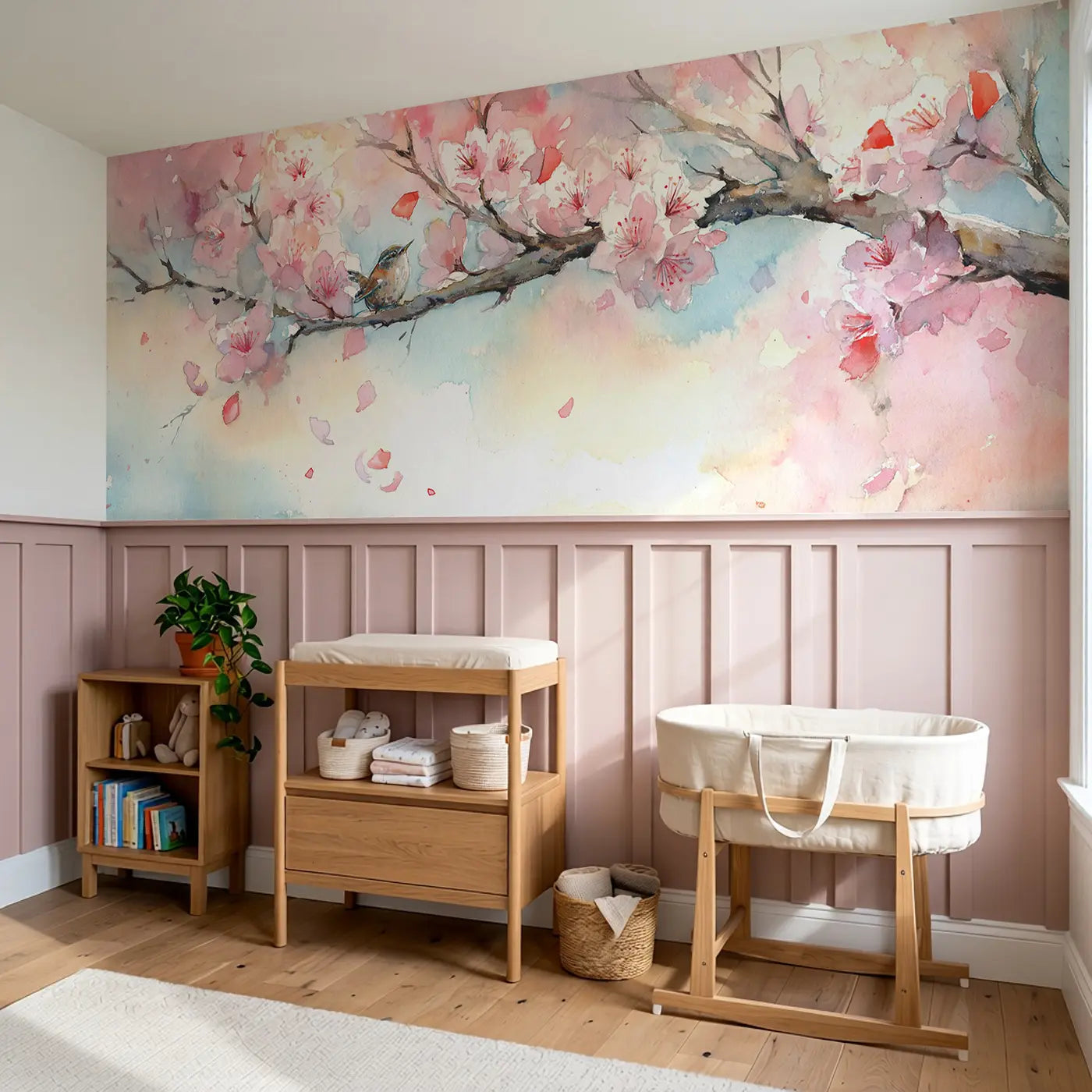 Cherry Blossom Petal Drift Wainscoting Wallpaper styled in a kids bedroom by Whimsy Tots