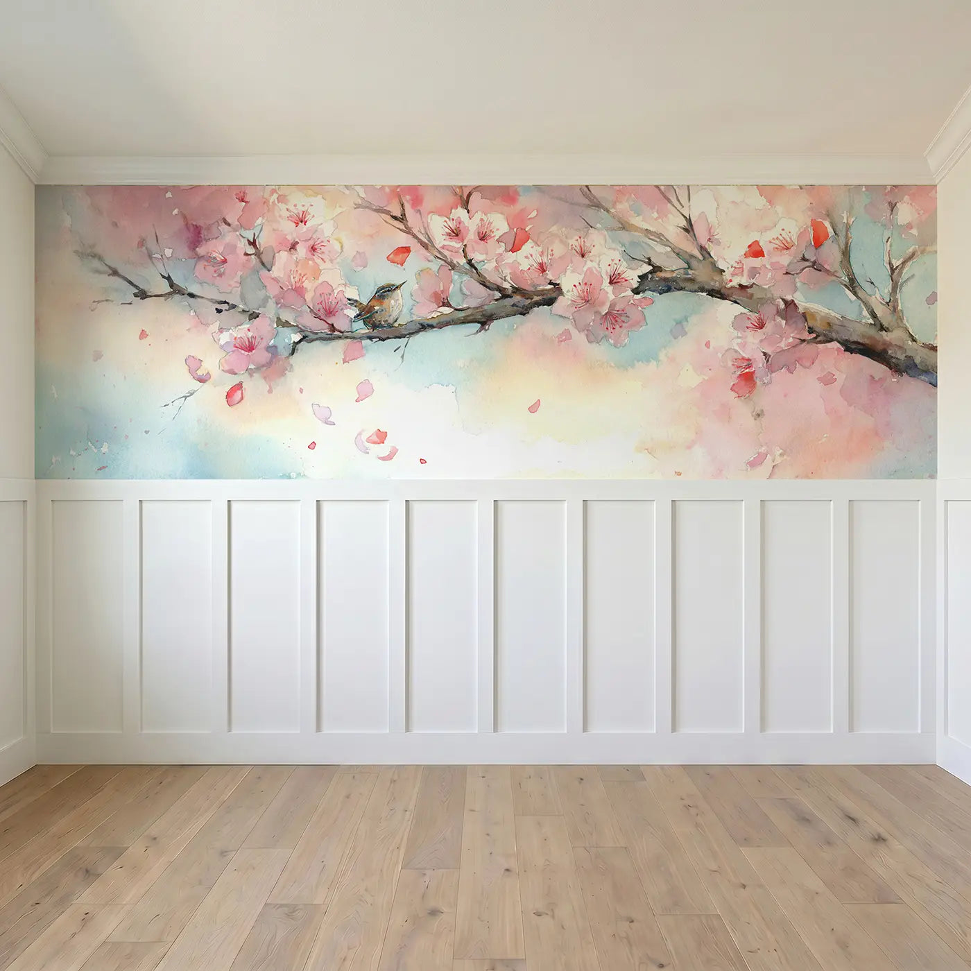 Full panel view of Cherry Blossom Petal Drift Wainscoting Wallpaper by Whimsy Tots