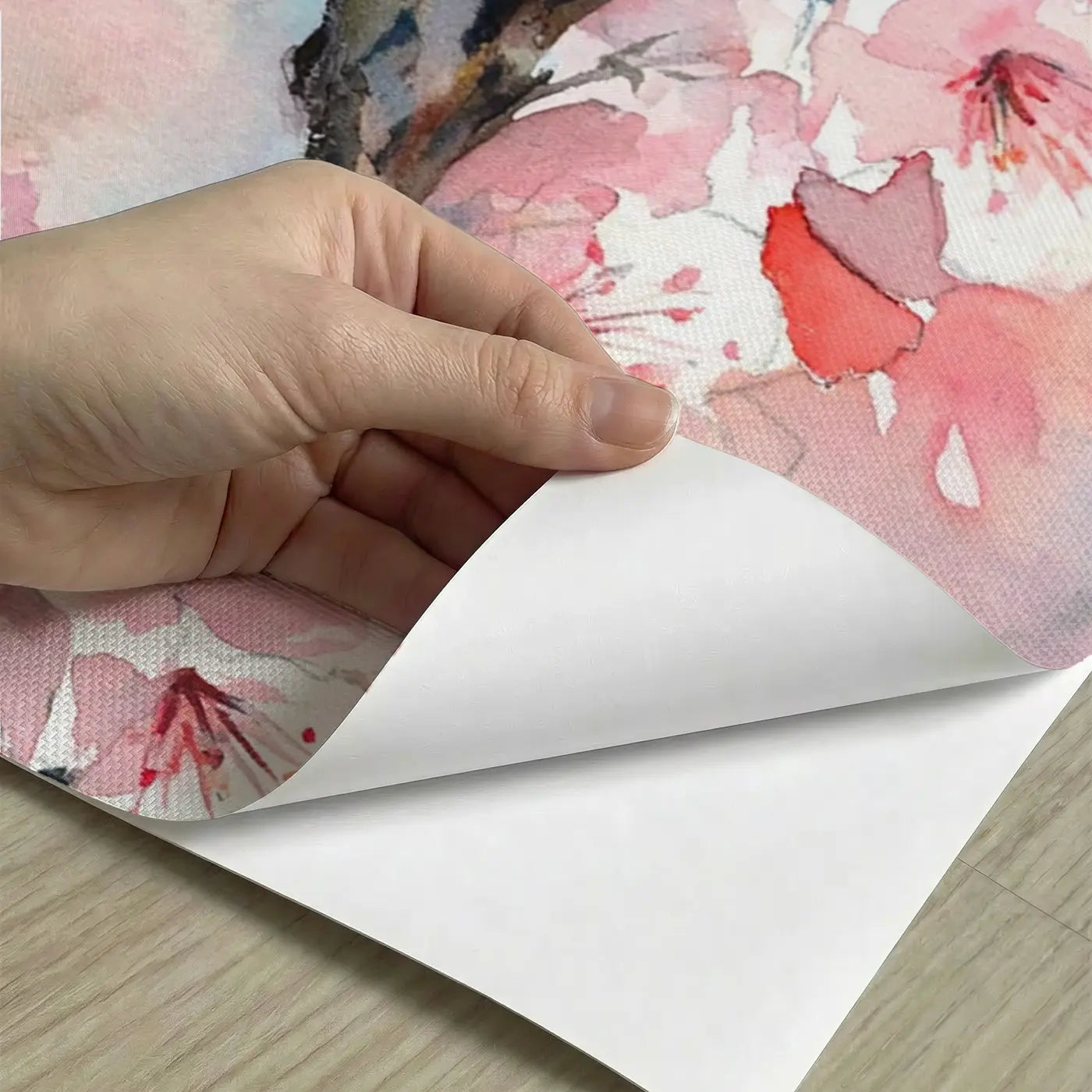 Peel-and-stick detail of Cherry Blossom Petal Drift Wainscoting Wallpaper by Whimsy Tots